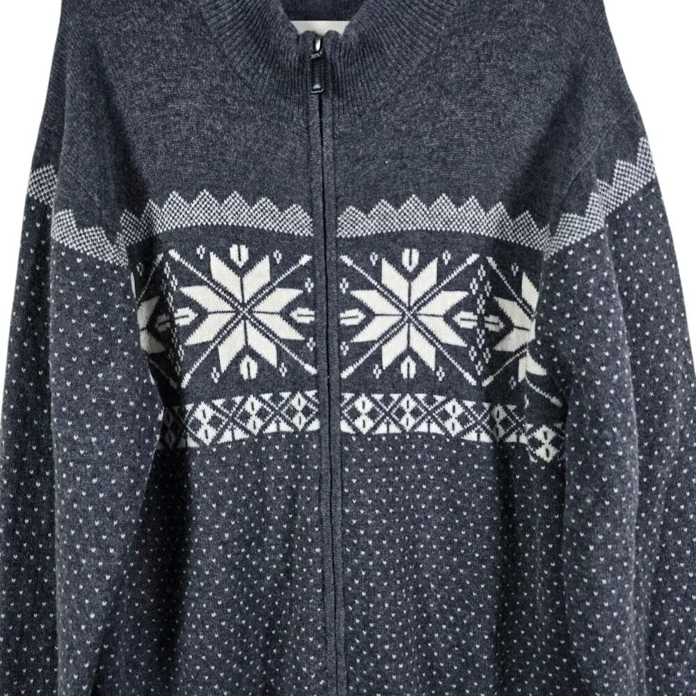 Cremieux Mens Gray Lambswool Nordic Fair Isle Full Zip Cardigan Sweater XXL